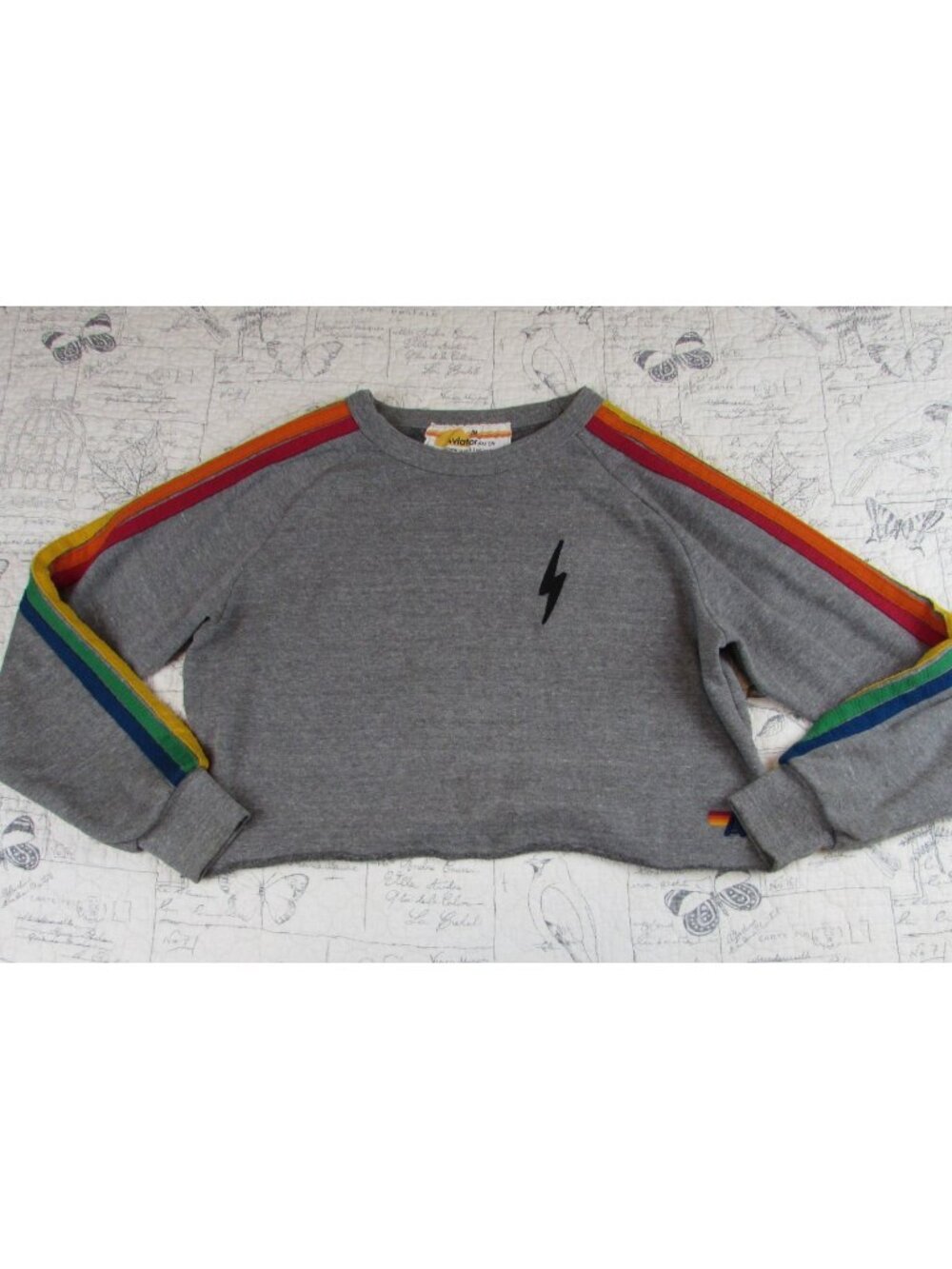 Aviator Nation womens crop sweatshirt stripe raglan slv lightning bolt logo M